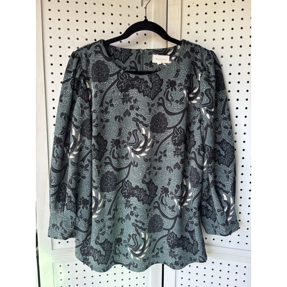 Melloday 3/4 Puff SLV Green Black Floral Print Blouse Women's XL Career